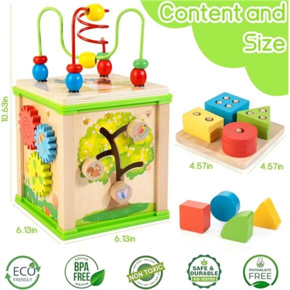 Wooden 7-in-1 Activity Cube| Montessori Toys for 1 2 3 Year Old Toddlers| Baby - Picture 4 of 7